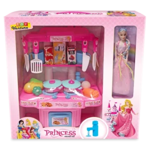 Toy Venture Princess Kitchen Set with Doll & Accessories | Pretend Play Cooking Station with Stove, Sink & Fashion Doll for Girls (Ages 3+)