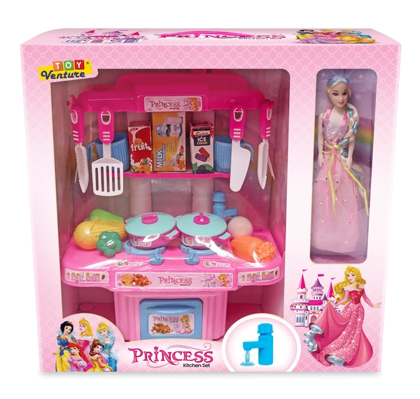 Toy Venture Princess Kitchen Set with Doll & Accessories | Pretend Play Cooking Station with Stove, Sink & Fashion Doll for Girls (Ages 3+)