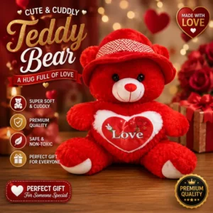 Cute & Cuddly Red Teddy Bear with Hat and "Love" Sequin Heart - Available in 30cm, 40cm, 50cm Sizes