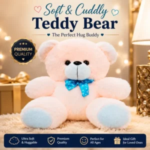 Cute Peach Teddy Bear - Soft & Cuddly Stuffed Toy with Blue Ribbon Bow Tie