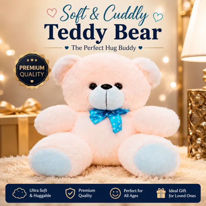Cute Peach Teddy Bear - Soft & Cuddly Stuffed Toy with Blue Ribbon Bow Tie