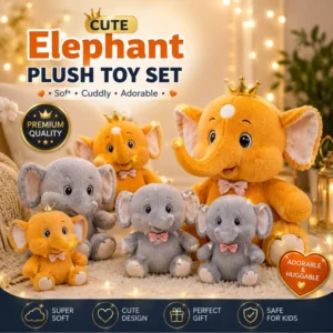Cute Elephant Plush Toy Set - Super Soft, Cuddly & Adorable Stuffed Animals with Crowns and Bowties