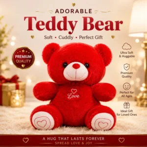 Adorable Red Teddy Bear - Soft & Cuddly Stuffed Toy with Embroidered "Love" Heart and Heart Paws
