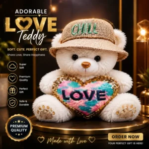 Cute & Cuddly Pink Teddy Bear with "HAPPY" Hat and Sequin "LOVE" Heart - Super Soft Stuffed Toy