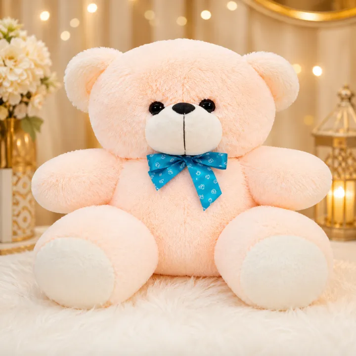 Cute Peach Teddy Bear - Soft & Cuddly Stuffed Toy with Blue Ribbon Bow Tie - Image 3