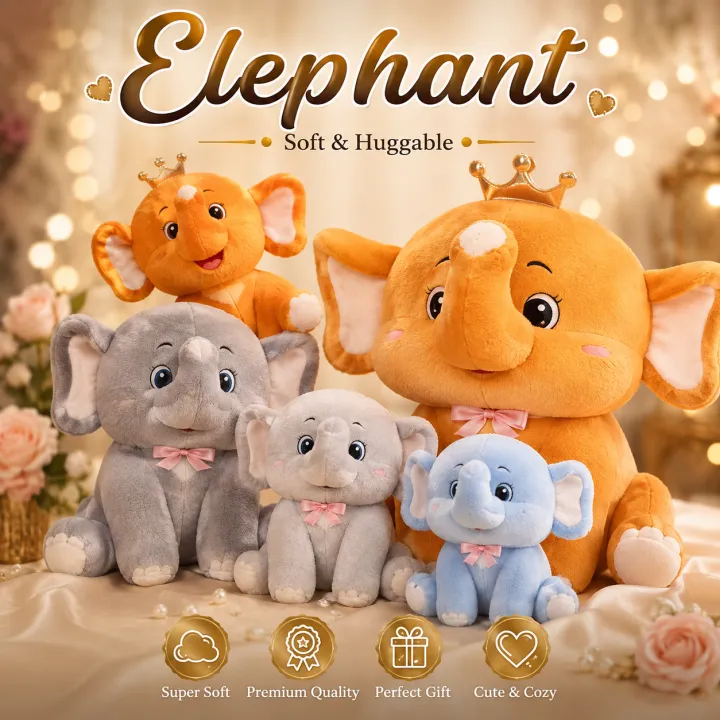 Cute Elephant Plush Toy Set - Super Soft, Cuddly & Adorable Stuffed Animals with Crowns and Bowties - Image 3
