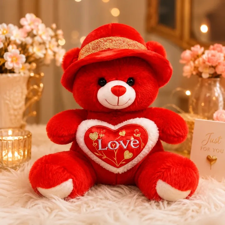 Cute & Cuddly Red Teddy Bear with Hat and "Love" Sequin Heart - Available in 30cm, 40cm, 50cm Sizes - Image 3