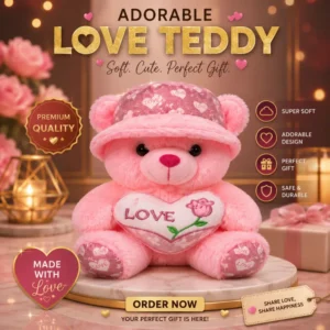 Adorable Love Teddy - Soft Pink Stuffed Bear with "LOVE" Rose Heart and Matching Hat