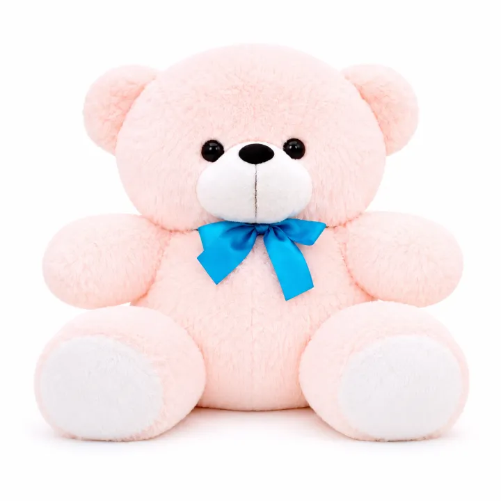 Cute Peach Teddy Bear - Soft & Cuddly Stuffed Toy with Blue Ribbon Bow Tie - Image 2