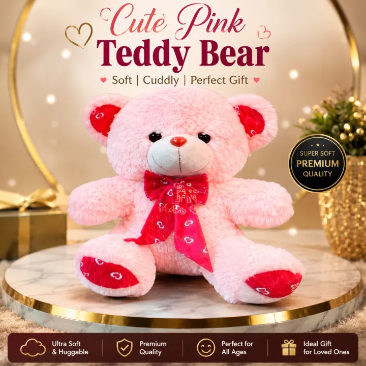 Cute Pink Teddy Bear - Soft & Cuddly Stuffed Toy with Red Heart Ribbon and Accent Paws