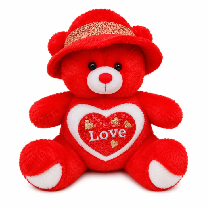 Cute & Cuddly Red Teddy Bear with Hat and "Love" Sequin Heart - Available in 30cm, 40cm, 50cm Sizes - Image 2