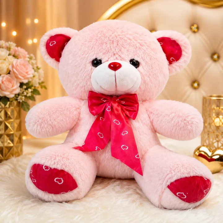 Cute Pink Teddy Bear - Soft & Cuddly Stuffed Toy with Red Heart Ribbon and Accent Paws - Image 3
