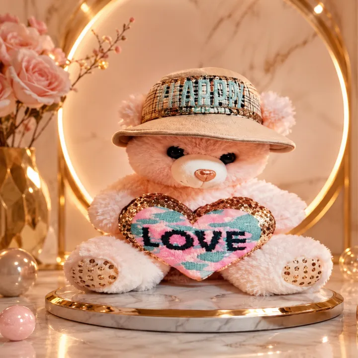 Cute & Cuddly Pink Teddy Bear with "HAPPY" Hat and Sequin "LOVE" Heart - Super Soft Stuffed Toy - Image 3
