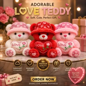 Adorable Love Teddy Collection - Assorted Color Stuffed Bears with "LOVE" Rose Heart and Patterned Hat
